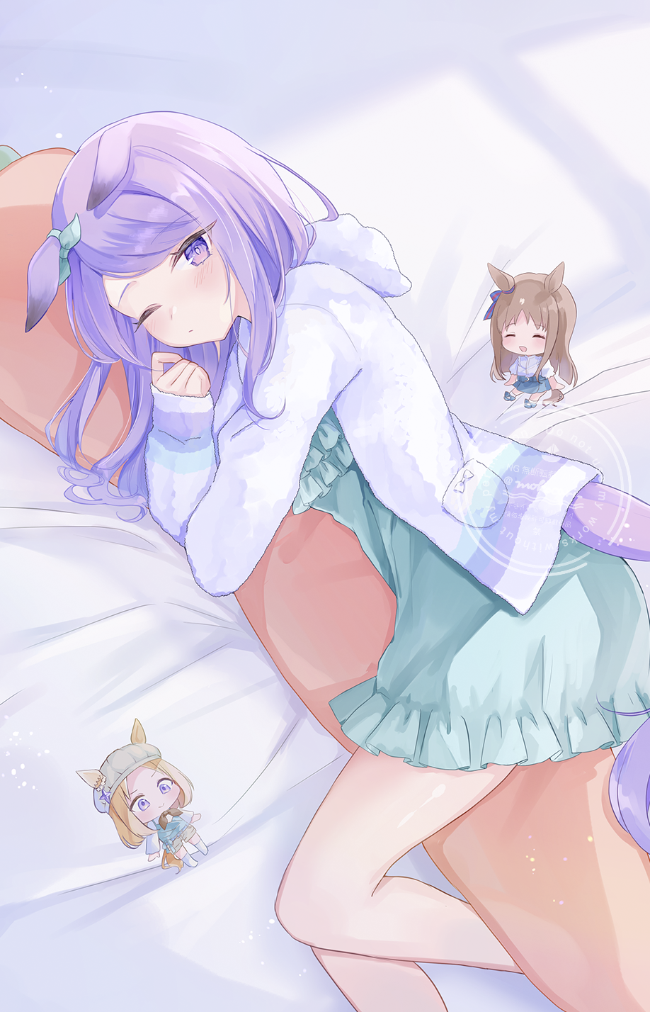 &gt;:) 3girls :d ^_^ animal_ears bed_sheet blonde_hair blue_dress blush brown_hair chibi closed_eyes closed_mouth commentary_request dress ears_through_headwear frilled_dress frills grass_wonder_(umamusume) grey_hat hat highres hood hood_down hooded_jacket horse_ears horse_girl horse_tail jacket long_hair long_sleeves mejiro_mcqueen_(umamusume) mini_person minigirl moko_(mokochisa) multiple_girls narita_top_road_(umamusume) one_eye_closed open_clothes open_jacket open_mouth parted_bangs puffy_long_sleeves puffy_sleeves purple_eyes purple_hair sleeves_past_wrists smile tail umamusume v-shaped_eyebrows very_long_hair white_jacket