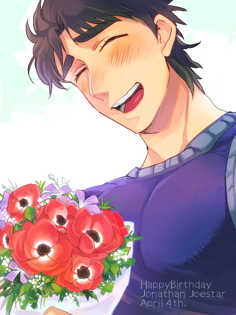 1boy ^_^ black_hair blush bouquet closed_eyes closed_eyes flower happy_birthday jojo_no_kimyou_na_bouken jonathan_joestar male_focus phantom_blood poppy_(flower) solo sunabu