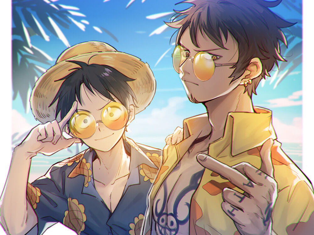 2boys alternate_costume black_hair chest_tattoo closed_mouth earrings facial_hair hand_tattoo hand_up hat hawaiian_shirt jewelry looking_at_viewer male_focus middle_finger monkey_d._luffy multiple_boys one_piece open_clothes open_shirt orange-tinted_eyewear outdoors palm_tree shirt short_hair short_sleeves smile straw_hat tattoo tinted_eyewear trafalgar_law tree yellow_eyes yurichi_(artist)