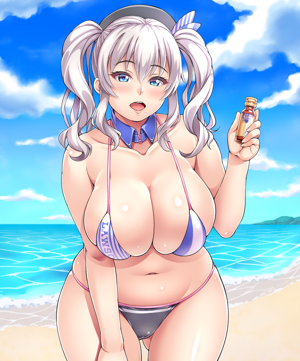 10s 1girl beach belly beret bikini blue_eyes blush breasts cameltoe cleavage collarbone curvy day detached_collar female_focus hair_ornament hat highres huge_breasts kantai_collection kashima_(kancolle) lawson long_hair looking_at_viewer lotion navel ocean open_mouth outdoors plump silver_hair skindentation solo standing string_bikini summer swimsuit thick_thighs thighs tsurime twintails wavy_hair wide_hips yoohi