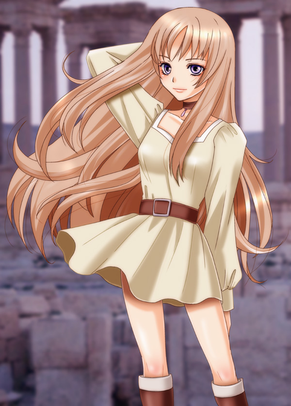 10s 1girl aquila_yuna belt boots brown_hair choker dress female_focus inumori_sayaka long_hair purple_eyes ruins saint_seiya saint_seiya_omega solo