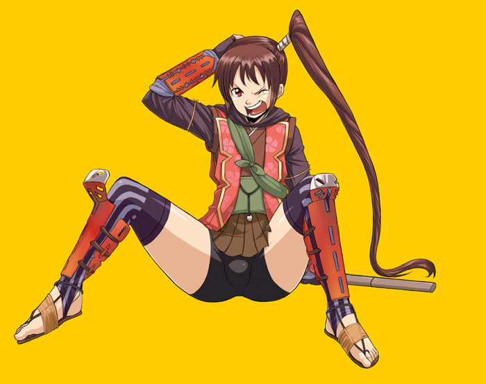 1girl armor bike_shorts boots brown_hair capcom feet female_focus gloves japanese_armor japanese_clothes long_hair onimusha onimusha:_dawn_of_dreams open_mouth ponytail samurai sheath sheathed side_ponytail simple_background sitting solo spandex spread_legs suneate sword teardrop thigh_boots thighhighs toes weapon wince yagyu_jubei_akane yagyuu_juubei_(dawn_of_dreams) yellow_background