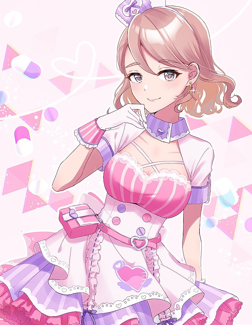 1girl belt blush breasts brown_eyes brown_hair buckle capsule cleavage closed_mouth collarbone dress earrings frilled_dress frills glint gloves hairband hand_up hat heart heart-shaped_buckle heart_print hikaru(hkr_mm7) idolmaster idolmaster_cinderella_girls idolmaster_cinderella_girls_starlight_stage jewelry large_breasts layered_dress looking_at_viewer nurse_cap pink_background pink_belt pink_wrist_cuffs print_dress short_hair short_sleeves smile solo striped_clothes striped_dress striped_wrist_cuffs two-tone_dress white_gloves white_hairband wrist_cuffs yanagi_kiyora