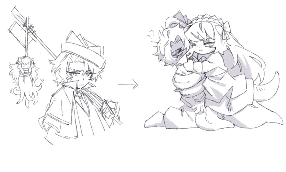 1boy 1girl arrow_(symbol) bow capelet chibi collared_shirt full_body glaive_(polearm) greyscale hair_bow hairband hat heathcliff_(project_moon) holding holding_polearm holding_weapon ishmael_(project_moon) jacket limbus_company long_hair long_sleeves mercuryhx mini_person minigirl monochrome necktie oufi_association_(identity)_(project_moon) polearm project_moon rope shirt sidelocks tentacles tentacles_under_clothes very_long_hair weapon