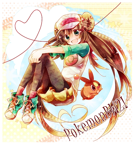 10s 1girl amamiya_kabosu bad_id bad_pixiv_id black_pantyhose brown_hair copyright_name double_bun gen_5_pokemon hair_bun heart heart_of_string long_hair looking_at_viewer nintendo open_mouth pantyhose pantyhose_under_shorts pokemon pokemon_(creature) pokemon_bw2 raglan_sleeves rosa_(pokemon) shoes shorts skirt sneakers tepig twintails very_long_hair visor_cap