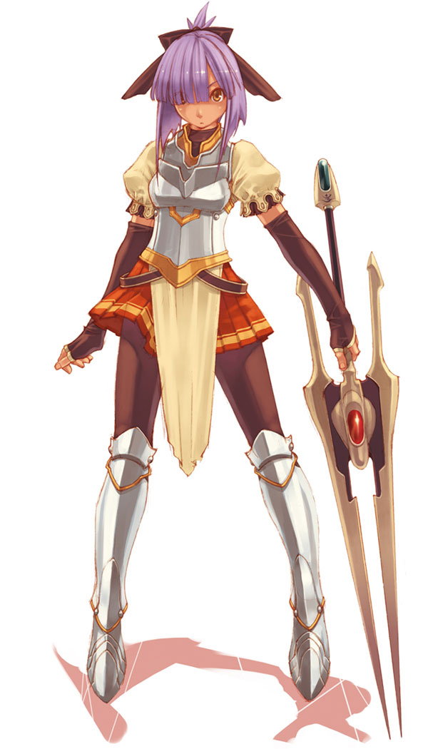1girl armor armored_dress black_pantyhose boots bow brown_eyes dress female_focus fingerless_gloves full_body gloves greaves hair_bow hair_over_one_eye hirano_katsuyuki nora_(spectral_souls) official_art pantyhose ponytail purple_hair short_hair skirt solo spectral_(series) spectral_souls sword weapon white_background
