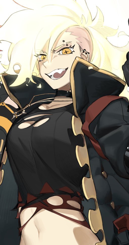 1girl alchemy_stars blonde_hair breasts choker ear_piercing jacket jewelry knifedragon large_breasts navel necklace orange_eyes piercing regina_(alchemy_stars) smile solo symbol-shaped_pupils torn_clothes