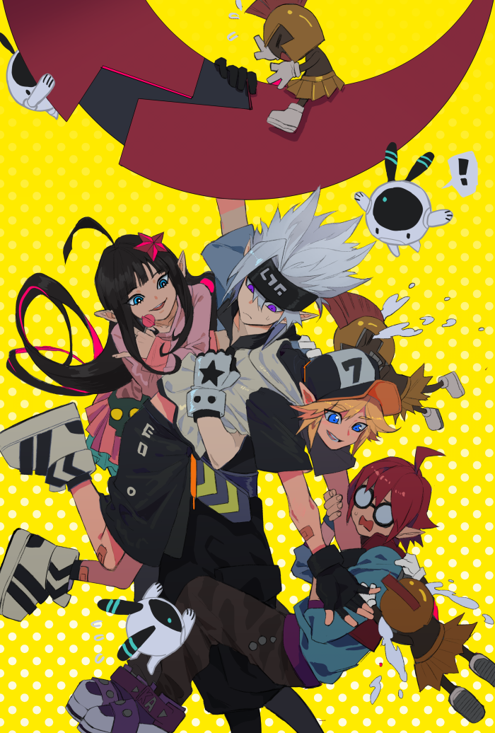 ! 1girl 3boys ahoge aotu_world bandaid black_gloves black_hair black_headband black_shirt blonde_hair blue_eyes candy dress fingerless_gloves flying_sweatdrops food glasses gloves grey_(aotu_world) hair_between_eyes hair_ornament hat headband holding hood hood_down hoodie jacket jewelry jokerplaner kaili_(aotu_world) king_(aotu_world) long_hair multiple_boys open_mouth pants phantom.s pointy_ears polka_dot polka_dot_background purple_eyes red_hair shirt shoes short_hair short_sleeves skirt smile sneakers spiked_hair star_(symbol) star_hair_ornament stuffed_toy surprised sweatdrop t-shirt white_hair yellow_background
