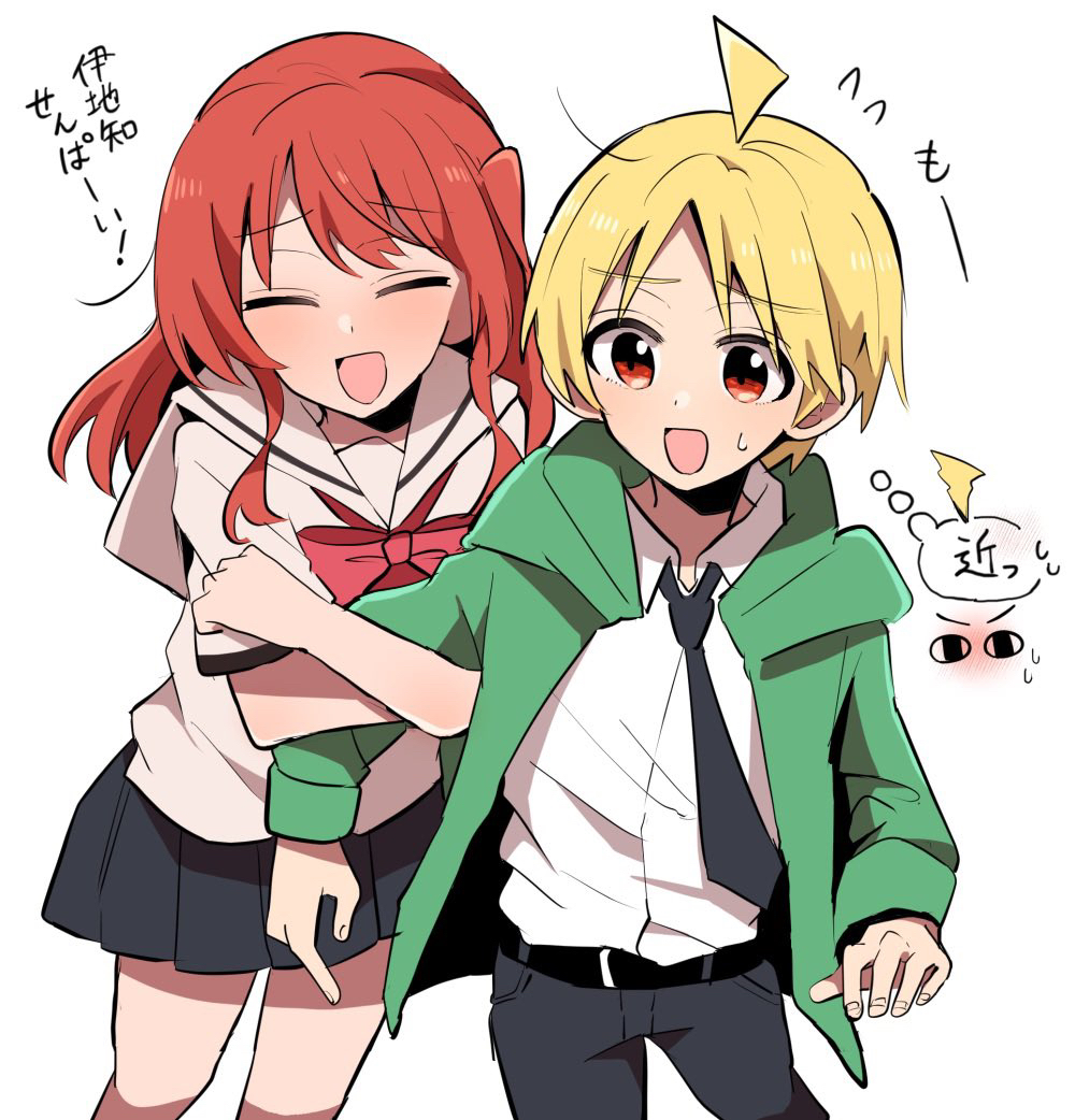 1boy 1girl arm_hug blonde_hair bocchi_the_rock! closed_eyes genderswap genderswap_(ftm) green_jacket ijichi_nijika jacket kita_ikuyo necktie open_mouth red_eyes red_hair shirt speech_bubble talking thought_bubble warashi67 white_shirt