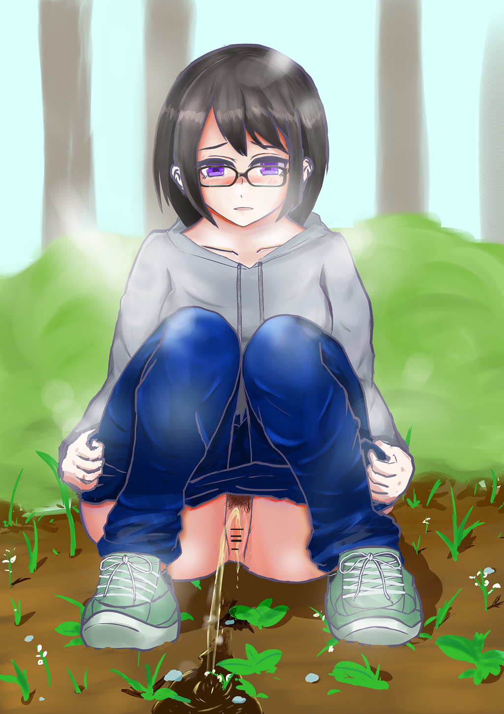 1girl bar_censor black_hair blue_pants blush breasts bush buta_no_fuguri censored clothes_pull collarbone denim forest garden glasses green_shoes grey_hoodie highres hood hoodie jeans long_sleeves looking_down medium_breasts nature open_mouth original pants pants_pull peeing plant pubic_hair puddle purple_eyes pussy shoes short_hair sky sneakers squatting steam tree watering watering_with_pee