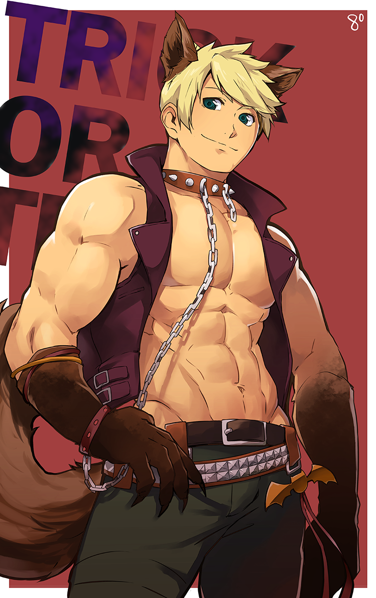 1boy 8_(yamalu) abs animal_collar animal_ears bara belt black_belt blonde_hair closed_mouth collar green_pants guy_cecil highres large_pectorals leash looking_at_viewer male_focus muscular muscular_male navel open_clothes pants pectorals short_hair smile solo tail tales_of_(series) tales_of_the_abyss wolf_boy wolf_ears wolf_paws wolf_tail