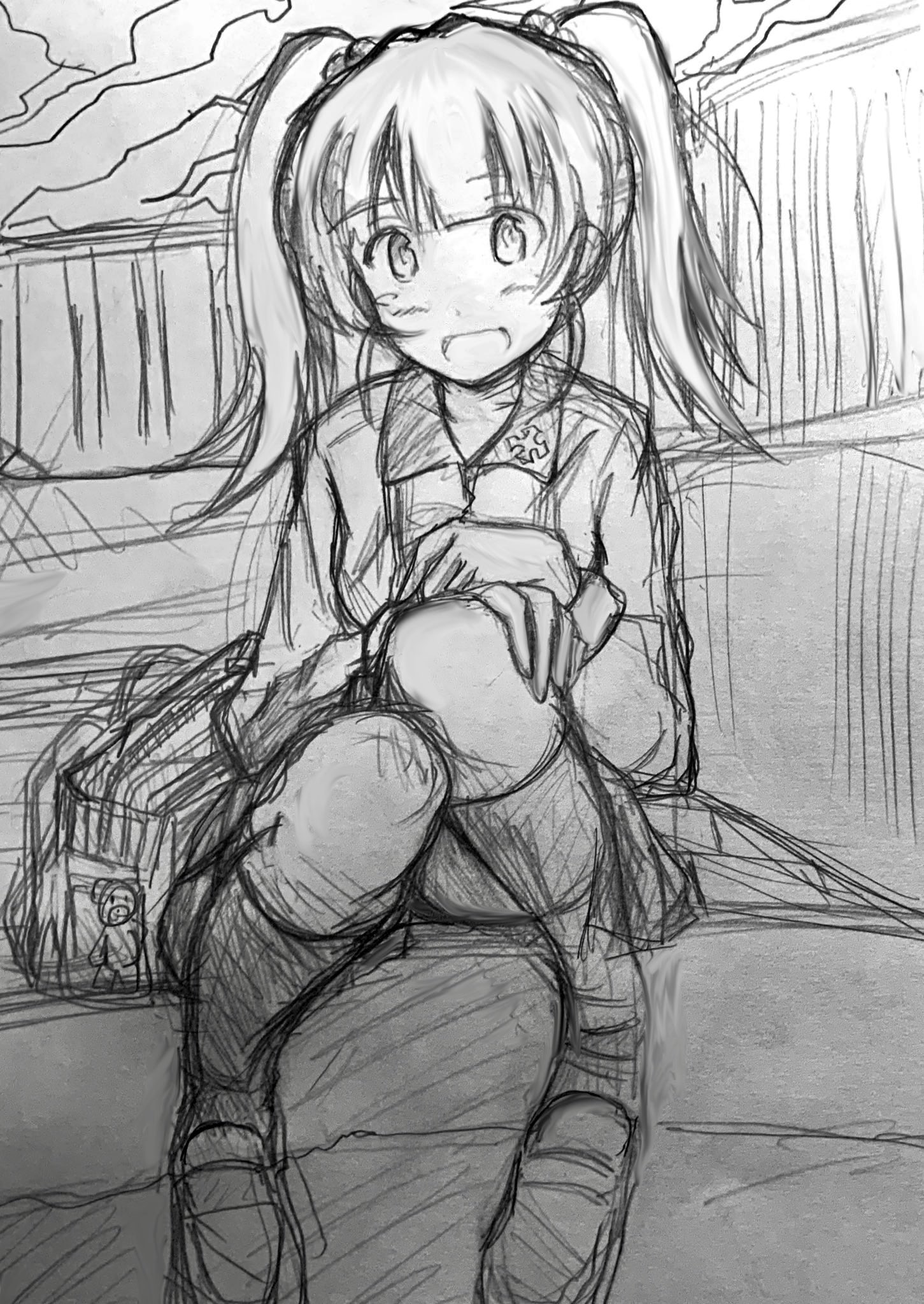 1girl black_hat black_jacket black_skirt blue_eyes brown_hair garrison_cap girls_und_panzer girls_und_panzer_phase_erika graphite_(medium) grey_shirt hair_tie hat highres jacket kuromorimine_military_uniform kuromorimine_school_uniform long_hair meiya miniskirt orange_hair red_skirt rou_leila school_uniform shirt skirt traditional_media twintails