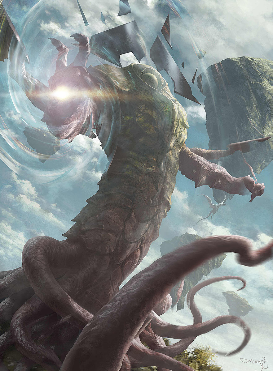 aleksi_briklot artist_name carapace clawed_hands cloud cloudy_sky commentary day dragon eldritch_abomination english_commentary extra_arms floating_rock glowing glowing_hand grass highres kozilek_butcher_of_truth magic magic:_the_gathering monster no_humans official_art orb outdoors rock signature sky tentacles