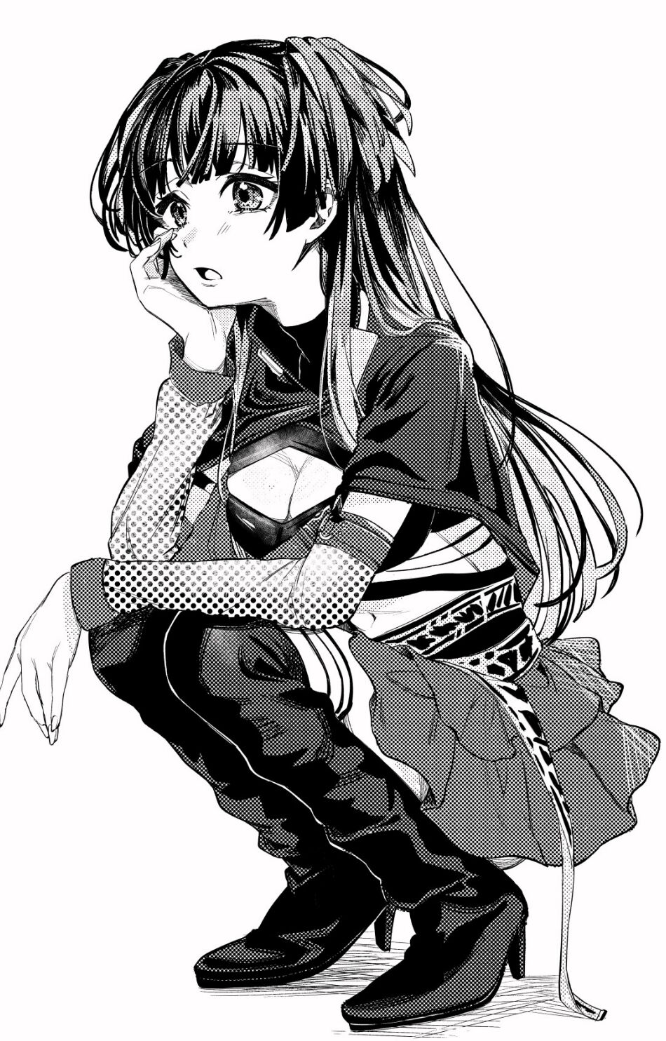 1girl :o blush boots breasts cleavage detached_sleeves greyscale hand_on_own_cheek hand_on_own_face highres idolmaster idolmaster_shiny_colors knee_boots layered_skirt long_hair looking_ahead mayuzumi_fuyuko medium_breasts midriff monochrome navel simple_background skirt solo squatting tanupon very_long_hair white_background