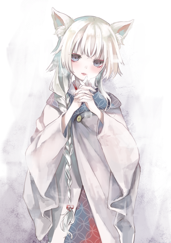 1girl animal_ears bad_id bad_pixiv_id blue_eyes blush braid breath brooch cold colored_eyelashes dot_nose eyelashes female_focus fingernails fox_ears fox_girl gradient_clothes hair_ornament hands_up head_tilt japanese_clothes jewelry light_smile lips long_hair long_sleeves looking_at_viewer original oro_ponzu own_hands_clasped own_hands_together pale_skin parted_lips solo tsurime upper_body very_long_hair white_background white_hair white_theme wide_sleeves