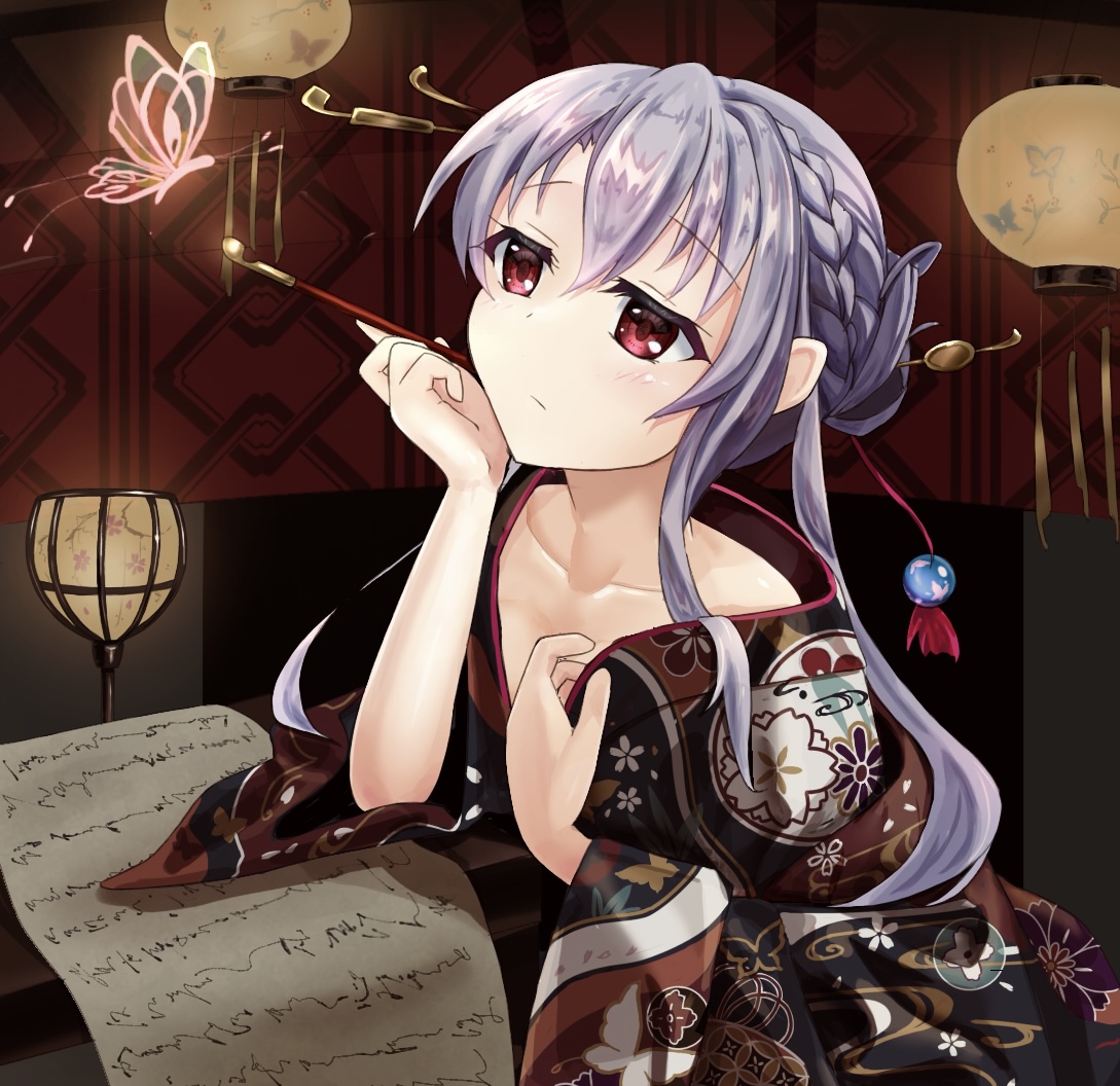 1girl alternate_costume animal_print blue_hair blush braid bug butterfly butterfly_print cherry_blossom_print closed_mouth collarbone commentary_request crown_braid expressionless floral_print floral_print_kimono hair_between_eyes hair_bun hair_ornament hair_ribbon hair_stick hand_up holding holding_smoking_pipe indoors insect japanese_clothes kar0karokar0 kimono lantern long_hair long_sleeves looking_at_animal oiran paper paper_lantern pink_butterfly print_kimono red_eyes red_ribbon ribbon sidelocks single_hair_bun smoking_pipe solo sorakado_ao summer_pockets upper_body wide_sleeves