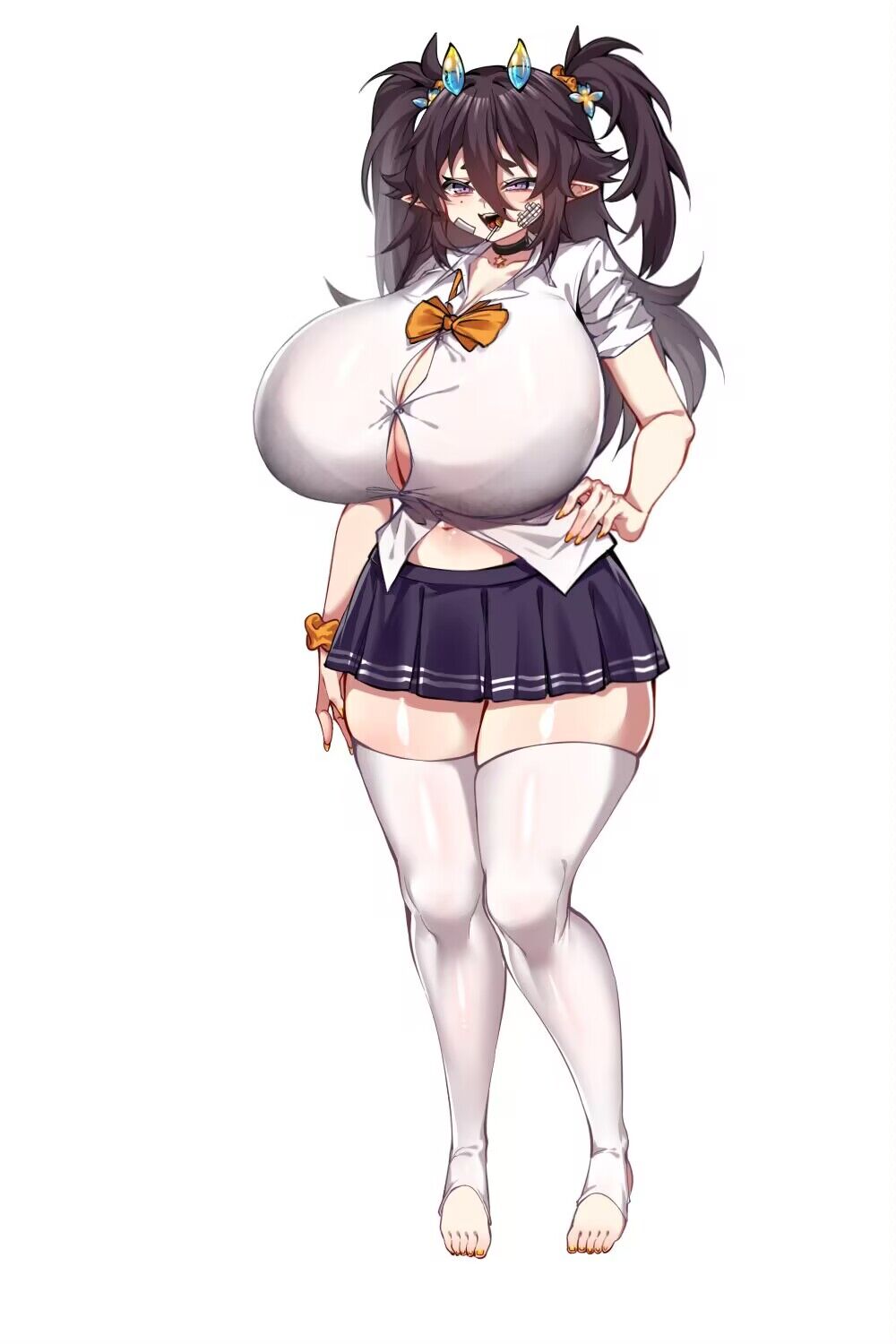1girl black_hair breasts button_gap choker full_body gigantic_breasts haitai_umita highres horns huge_breasts long_hair original pleated_skirt pointy_ears purple_eyes school_uniform scrunchie shirt simple_background skirt solo thick_thighs thighhighs thighs toeless_legwear twintails white_background white_shirt white_thighhighs
