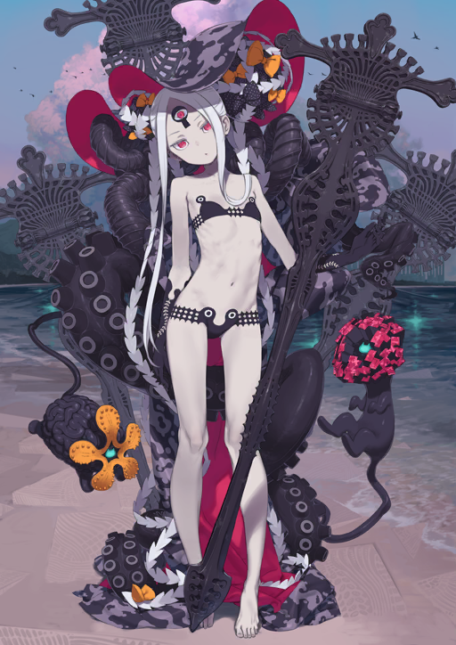 1girl abigail_williams_(fate) abigail_williams_(swimsuit_foreigner)_(fate) abigail_williams_(swimsuit_foreigner)_(first_ascension)_(fate) absurdly_long_hair arm_at_side bare_legs bare_shoulders barefoot beach bikini black_bikini black_bow black_gloves bow braid braided_bun breasts closed_mouth cloud colored_skin creature dot_mouth double_bun fate/grand_order fate_(series) full_body game_cg gloves grey_skin hair_bow hair_bun hand_up head_tilt horizon horror_(theme) keyhole kuroboshi_kouhaku long_hair long_sidelocks looking_at_viewer lowleg lowleg_bikini luthar_(fate) multiple_hair_bows navel nosh_(fate) ocean official_art orange_bow parted_bangs red_eyes ribs sand sidelocks skinny sky small_breasts solo standing stomach strapless strapless_bikini swimsuit tentacles third-party_source third_eye toes two-sided_fabric variant_set very_long_hair very_long_sidelocks white_hair