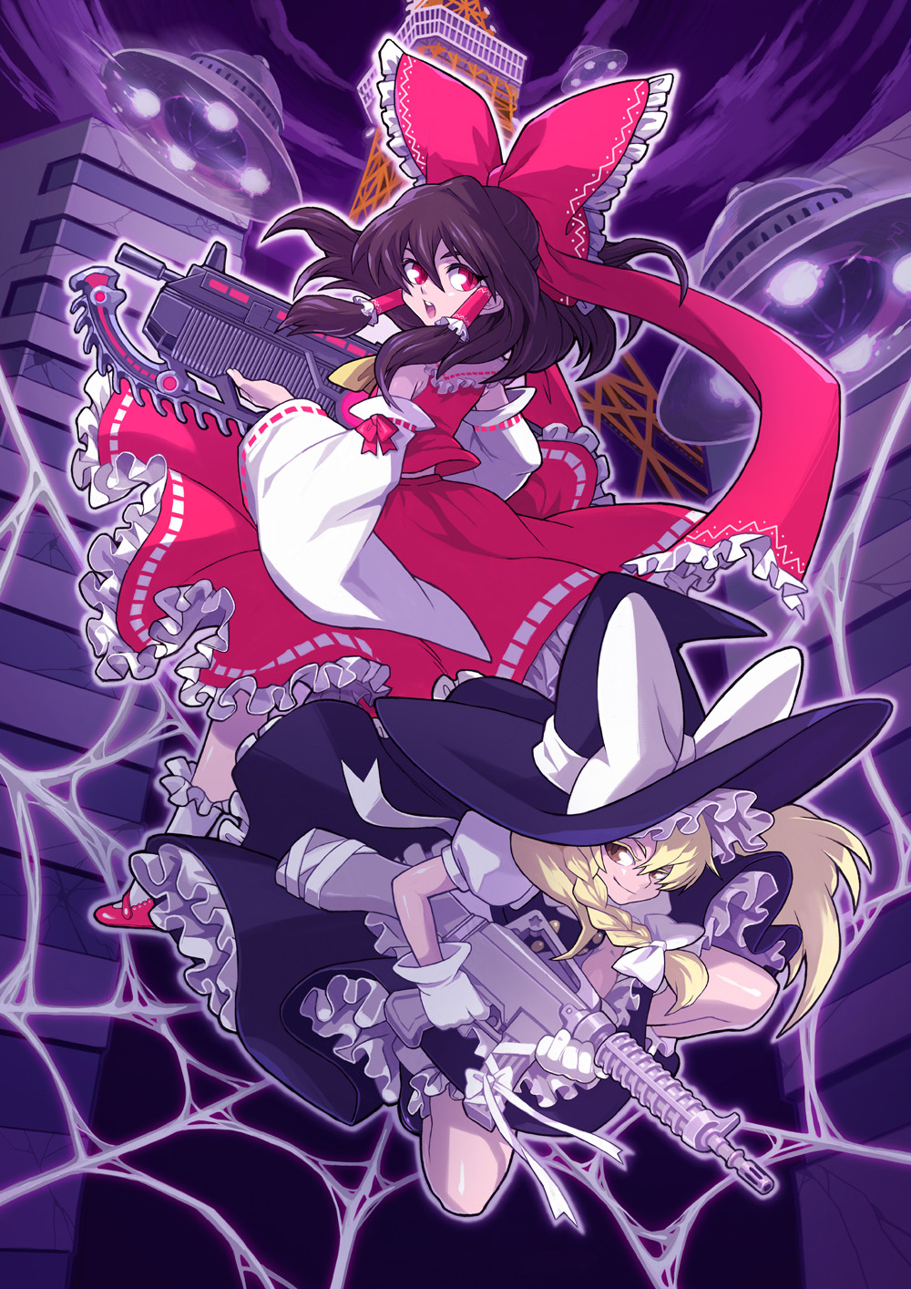 2girls assault_rifle bad_id bad_pixiv_id blonde_hair brown_hair female_focus gears_of_war gloves gun hakurei_reimu hat highres japanese_clothes kimimaru kimimaruta kirisame_marisa lancer_(gears_of_war) miko multiple_girls night red_eyes rifle silk spider_web tokyo_tower touhou ufo weapon witch witch_hat yellow_eyes