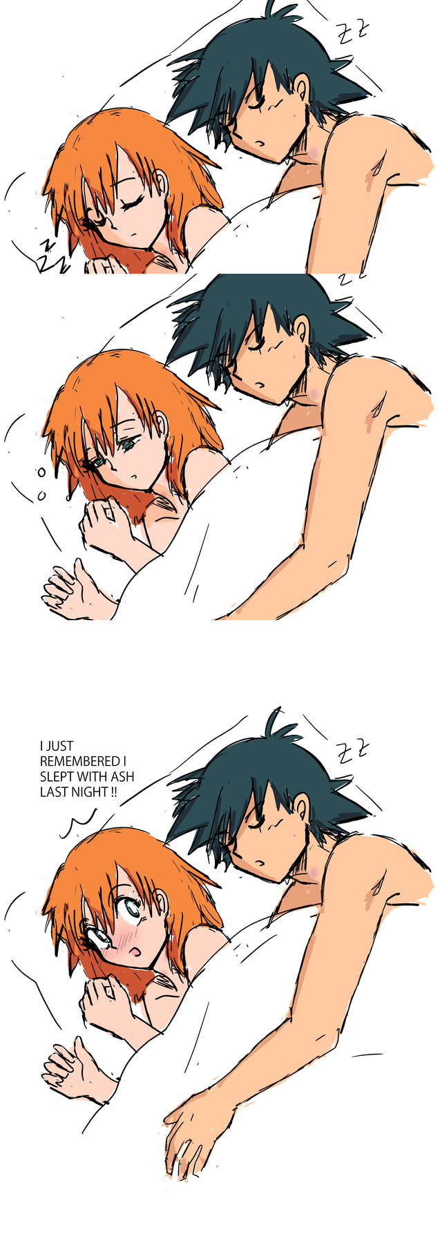 ash ketchum, misty (pokemon), nintendo, pokemon, pokemon (anime), pokemon  (classic anime), highres, 1boy, 1girl, aftersex, bed, black hair, blush,  breasts, cbw, completely nude, green eyes, hair down, nude, open mouth,  orange hair,