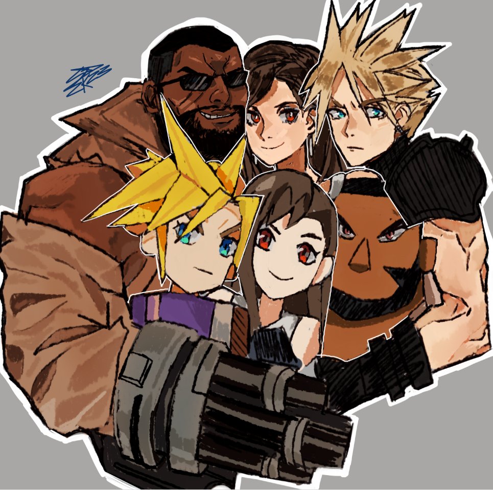 1girl 2boys arm_cannon armor barret_wallace beard black_hair blonde_hair brown_hair cloud_strife cropped_torso dark-skinned_male dark_skin earrings facial_hair final_fantasy final_fantasy_vii final_fantasy_vii_remake gatling_gun gloves grey_background grin hair_between_eyes hashtag-only_commentary jewelry long_hair looking_at_viewer multiple_boys muscular muscular_male outline pauldrons prosthetic_weapon red_eyes sam_wells shirt short_hair shoulder_armor signature simple_background single_pauldron single_shoulder_pad sleeveless sleeveless_turtleneck smile spiked_hair sunglasses tank_top tifa_lockhart torn_clothes torn_sleeves turtleneck upper_body very_short_hair weapon white_outline white_tank_top
