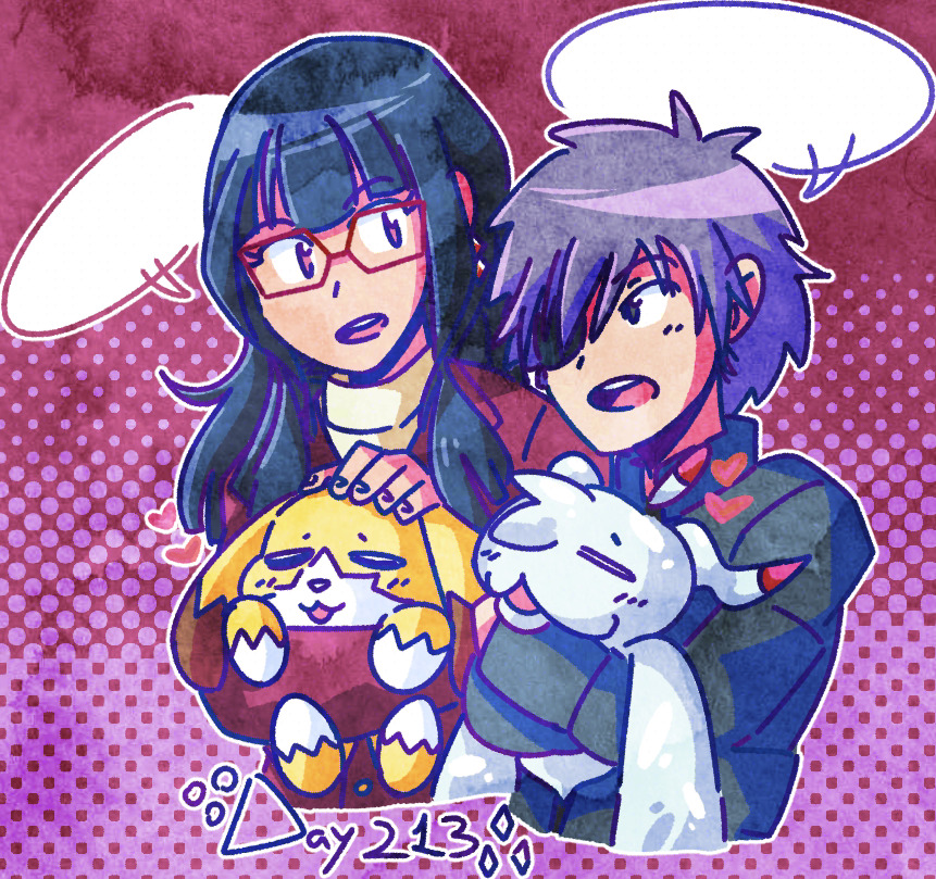1boy 1girl digimon digimon_(creature) digimon_adventure_02 digimon_adventure_02:_the_beginning digimon_adventure_tri. eyepatch female_focus glasses male_focus meicoomon_child mochizuki_meiko owada_rui short_hair ukkomon