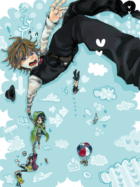 1girl 4boys :o arrow_(projectile) black_hair blue_background book brown_hair cake cat cloud endlphin falling food hat heart hidari_shoutarou holding_hands hood kamen_rider kamen_rider_double kamen_rider_w long_sleeves male_focus multiple_boys narumi_akiko necktie open_mouth pants parachute philip philip_(kamen_rider) plant scarf short_hair sign simple_background surprised vines
