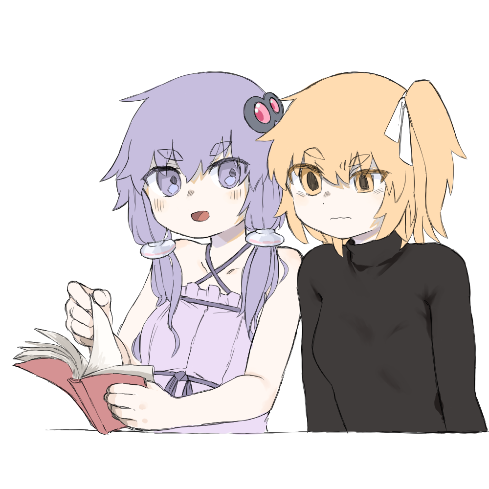 2girls a.i._voice adachi_rei bare_shoulders black_shirt book breasts collarbone confused criss-cross_halter cropped_torso dress empire_waist frown furrowed_brow hair_ornament hair_ribbon half-closed_eye halter_dress halterneck holding holding_book light_blush long_sleeves looking_at_another multiple_girls no_headgear one_side_up open_book open_mouth orange_eyes orange_hair purple_dress purple_eyes purple_hair raised_eyebrow ribbed_dress ribbon shirt short_eyebrows short_hair_with_long_locks sideways_glance small_breasts smile subaru_namisaki thick_eyebrows turning_page turtleneck utau vocaloid voiceroid wavy_mouth white_ribbon yuzuki_yukari