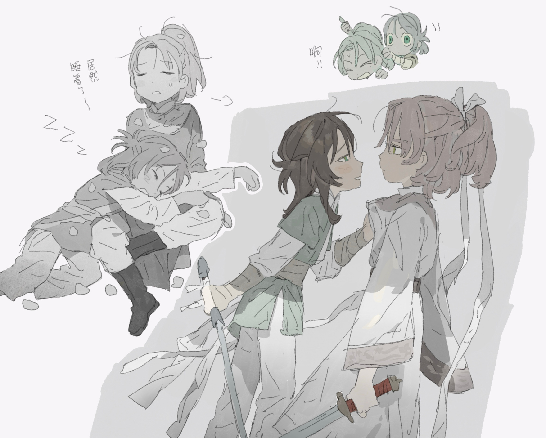 2girls banbi brown_hair chinese_clothes hanfu highres lap_pillow light_brown_hair ma_fu multiple_girls multiple_views original sword weapon yuanlingpao yuri