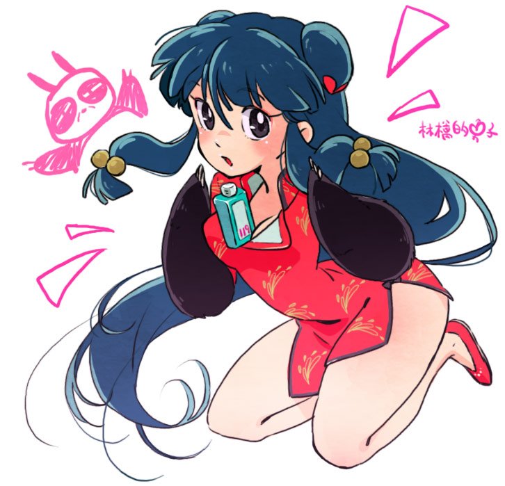 1girl animal_hands apple-boy between_breasts bottle bow breasts chinese_clothes double_bun dress hair_bow hair_bun long_hair microdress panda purple_hair ranma_1/2 red_bow red_dress red_footwear saotome_genma_(panda) shampoo_(ranma_1/2) simple_background white_background