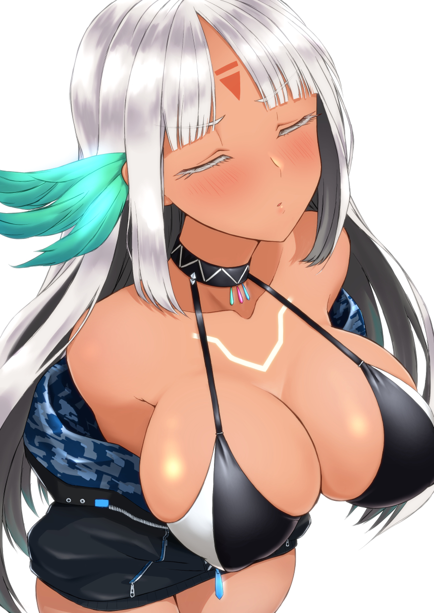 1girl azur_lane bikini bikini_top_only black_jacket blush body_markings bodypaint breasts choker dark-skinned_female dark_skin closed_eyes facial_mark feather_hair_ornament feathers hair_ornament high-waist_sideboob highres imminent_kiss jacket kiss koutarou_(plusdrive) large_breasts massachusetts massachusetts_(azur_lane) multicolored_hair native_american off_shoulder open_clothes open_jacket short_shorts shorts swimsuit