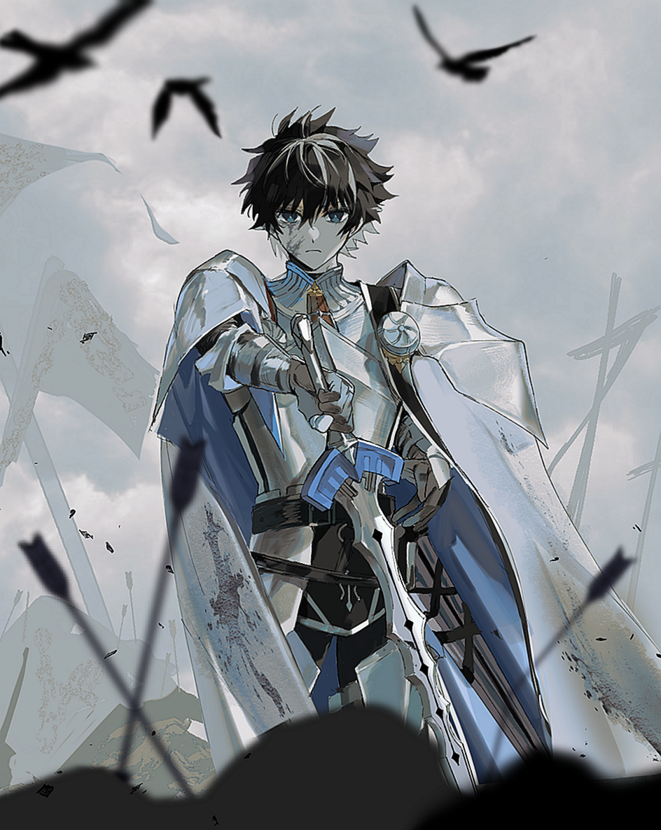 1boy armor battle battlefield bird black_hair blue_cape blue_eyes blurry cape charlemagne_(fate) charlemagne_(second_ascension)_(fate) corpse cowboy_shot crow cuirass depth_of_field dirty dirty_face expressionless fate/grand_order fate_(series) gauntlets hair_between_eyes holding holding_sword holding_weapon joyeuse_ordre_(fate) knight looking_at_viewer male_focus multicolored_hair pauldrons plate_armor short_hair shoulder_armor ss_un17 streaked_hair sword two-sided_cape two-sided_fabric two-tone_hair weapon white_cape white_hair