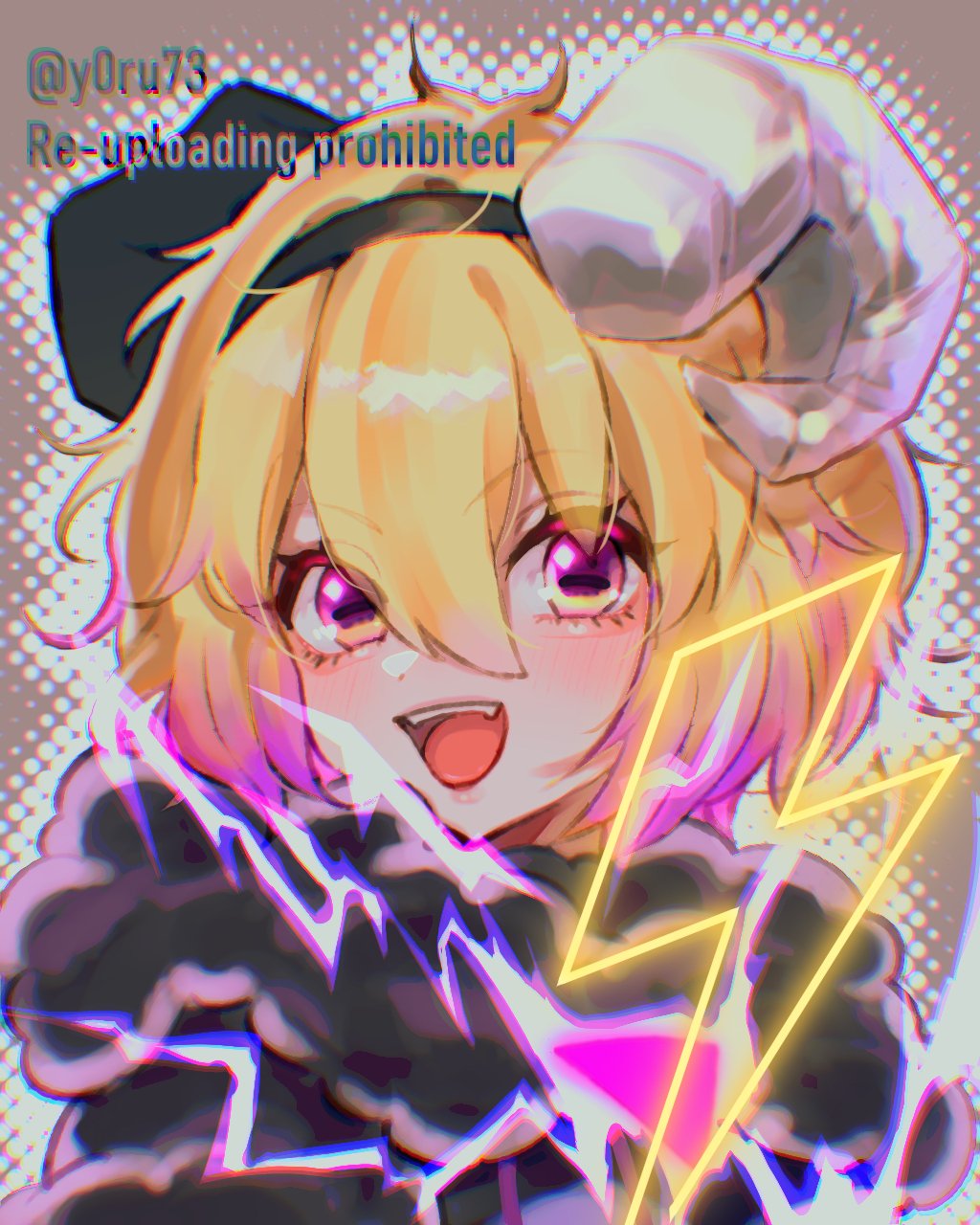 1girl black_coat black_hairband blonde_hair coat don_quixote_(project_moon) e.g.o_(project_moon) electric_screaming_(e.g.o) electricity fur_coat hairband highres horns limbus_company looking_at_viewer multicolored_hair open_mouth project_moon purple_eyes purple_hair sheep_horns short_hair smile solo streaked_hair upper_body wool y0ru73