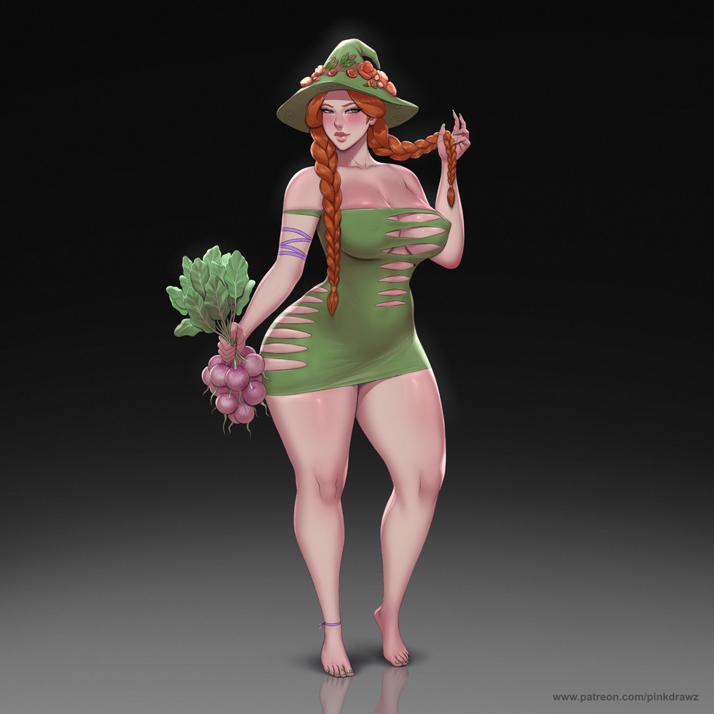 1girl barefoot blush bodycon braid breasts cleavage dress feet flower food gradient_background green_dress green_eyes green_hat harry_potter_(series) hat hat_flower hogwarts_legacy holding holding_food large_breasts long_hair looking_at_viewer mirabel_garlick nail_polish orange_hair patreon_username pinkdrawz plump red_flower red_rose rose short_dress simple_background solo thick_thighs thighs turnip twin_braids watermark web_address wide_hips wizarding_world