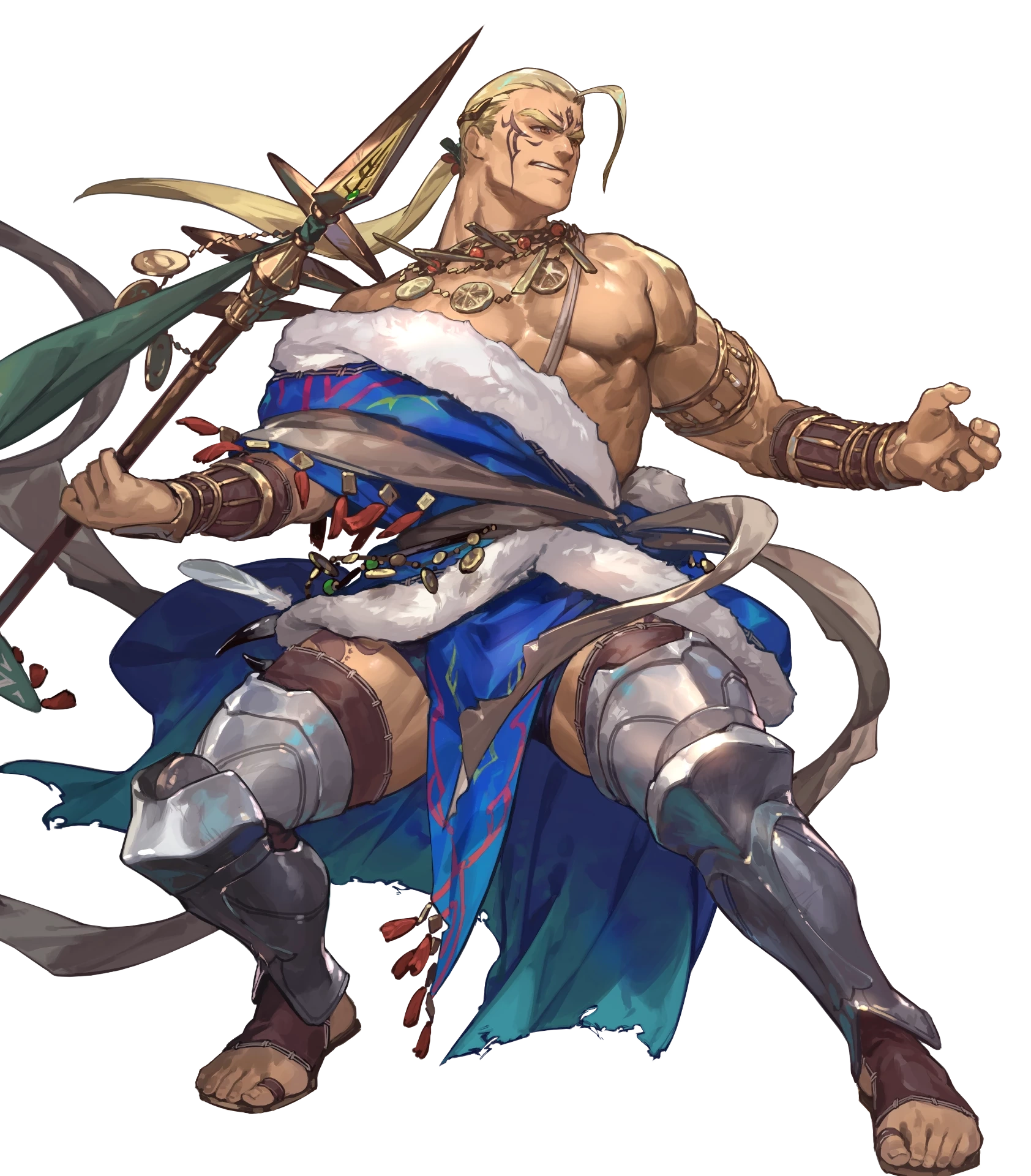 1boy armlet bare_pectorals blonde_hair dark-skinned_male dark_skin facial_tattoo fighting_stance fire_emblem fire_emblem:_the_binding_blade fire_emblem_heroes full_body fur_trim gold_necklace hawkeye_(fire_emblem) highres holding holding_polearm holding_weapon jewelry lance large_pectorals leg_armor long_hair male_focus muscular muscular_male necklace nintendo nipples non-web_source official_art pectorals polearm ponytail sandals so-taro tattoo thick_thighs thighs toes transparent_background weapon