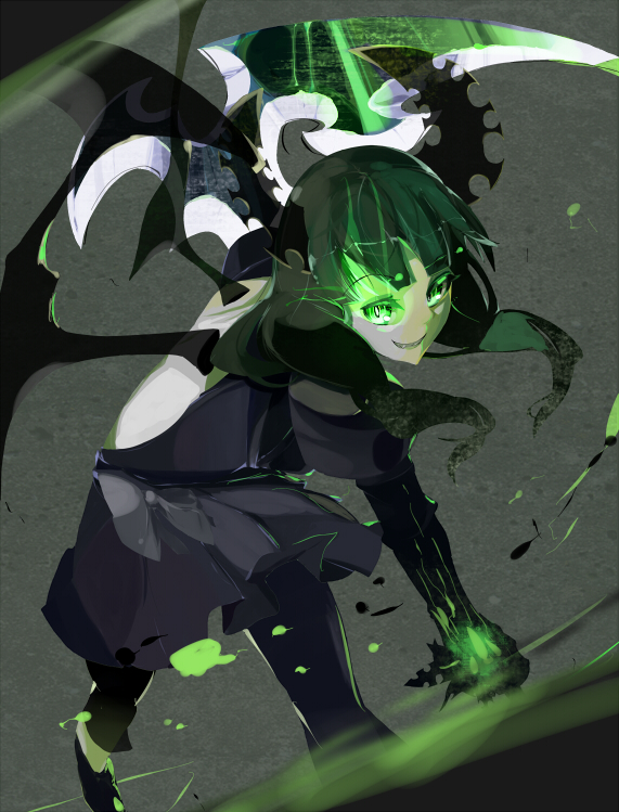 1girl black_dress black_leggings black_rock_shooter black_wings dead_master dress eightman fire flaming_eye green_eyes green_fire horns leggings medium_hair pale_skin scythe skeletal_wings solo wings