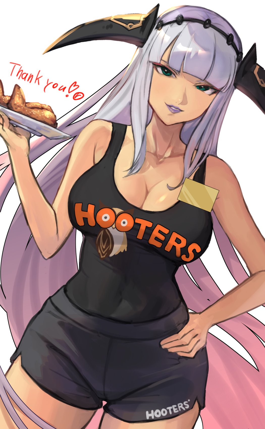 1girl bare_shoulders black_shirt black_shorts breasts chicken_wing cleavage commission company_name covered_navel cowboy_shot dark-skinned_female dark_skin employee_uniform english_text fire_emblem fire_emblem_cipher fire_emblem_echoes:_shadows_of_valentia hand_on_own_hip headband highres holding hooters horn_ornament horns large_breasts lips long_hair looking_at_viewer makeup mature_female nintendo no_legwear open_mouth print_tank_top r123 shade_(fire_emblem) shirt short_shorts shorts smile solo tank_top thighs very_long_hair waitress white_background white_hair