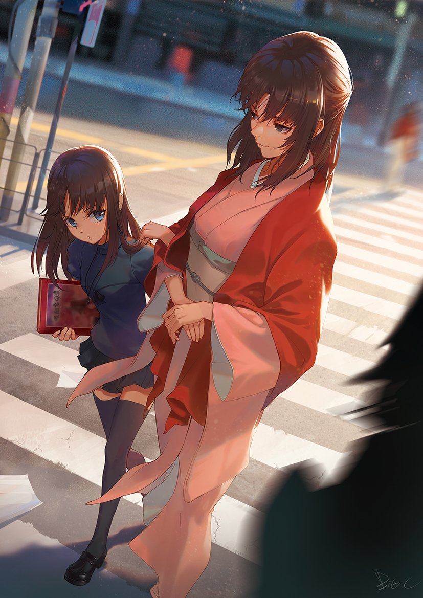 2girls bad_id bad_pixiv_id big.c black_footwear black_legwear black_skirt blue_eyes book breasts brown_hair carrying carrying_under_arm character_request child closed_mouth commentary_request copyright_request crosswalk day dutch_angle fate/grand_order fate_(series) half_updo holding holding_book japanese_clothes jewelry kara_no_kyoukai kimono leaning_forward loafers locked_arms long_hair long_sleeves looking_at_another looking_at_viewer medium_breasts medium_hair miniskirt mother_and_daughter motion_blur multiple_girls necklace out_of_frame outdoors own_hands_together pendant pink_kimono pleated_skirt puckered_lips puffy_short_sleeves puffy_sleeves railing road ryougi_mana ryougi_shiki shawl shoes short_sleeves skirt small_breasts smile standing street thighhighs walking zettai_ryouiki