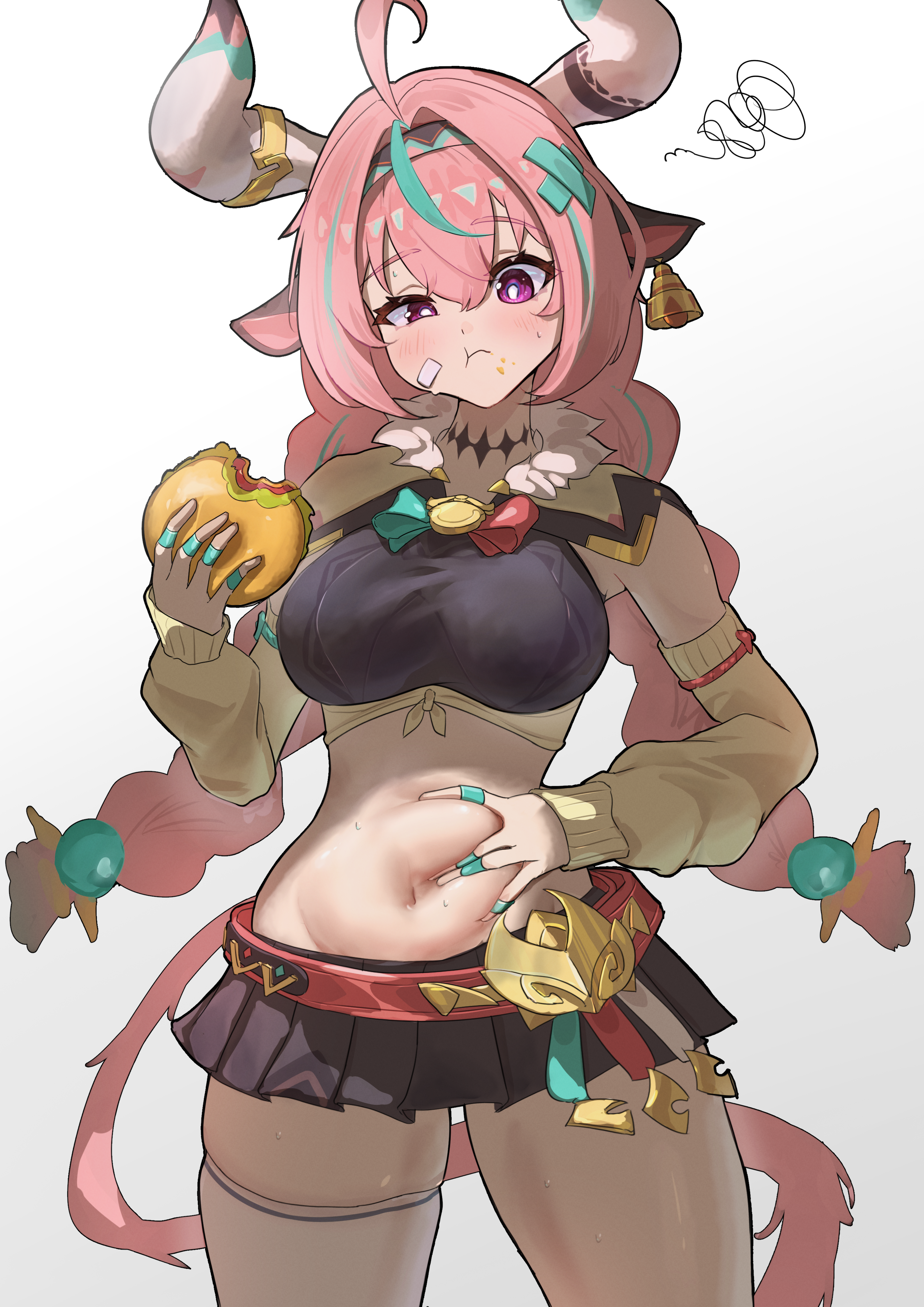 1girl absurdres ahoge animal_ears aqua_hair bandaid bandaid_on_cheek bandaid_on_face bell bell_earrings belly_grab black_skirt blush braid breasts burger closed_mouth commentary cow_ears cow_girl cow_horns cow_tail cowbell cowboy_shot crop_top detached_sleeves earrings eating food genshin_impact hair_between_eyes hair_ornament half-closed_eye highres holding holding_burger holding_food horns jewelry long_hair long_sleeves looking_at_viewer medium_breasts miniskirt multicolored_hair navel pink_hair pleated_skirt purple_eyes simple_background single_thighhigh skirt small_sweatdrop solo squiggle stomach streaked_hair sweat tail thighhighs thighs tora_(kumo_sakamoto) twin_braids varesa_(genshin_impact) white_background white_thighhighs wide_hips x_hair_ornament yellow_sleeves