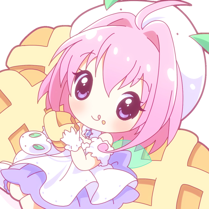 1girl ahoge brooch chibi chicchana_yukitsukai_sugar commentary_request detached_sleeves dress eating fairy fairy_wings food food_on_face fur_collar gloves hair_intakes hat holding holding_food jewelry looking_at_viewer mini_person minigirl mirai_(sugar) pink_eyes pink_hair short_sleeves smile snow_rabbit solo sugar_(chicchana_yukitsukai_sugar) tongue tongue_out waffle wings