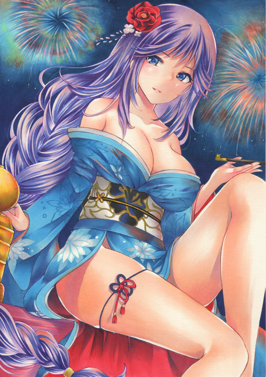 1girl absurdly_long_hair azur_lane bare_shoulders biloxi_(azur_lane) biloxi_(night_sky&#039;s_brilliant_blue_blossoms)_(azur_lane) blue_eyes blue_kimono braid breasts cleavage fireworks floral_print flower hair_flower hair_ornament highres holding holding_smoking_pipe japanese_clothes kimono large_breasts long_hair looking_at_viewer marker_(medium) no_bra no_panties off_shoulder official_alternate_costume purple_hair red_flower sash saya_pr single_braid sitting skindentation smoking_pipe solo traditional_media very_long_hair white_sash wide_sleeves