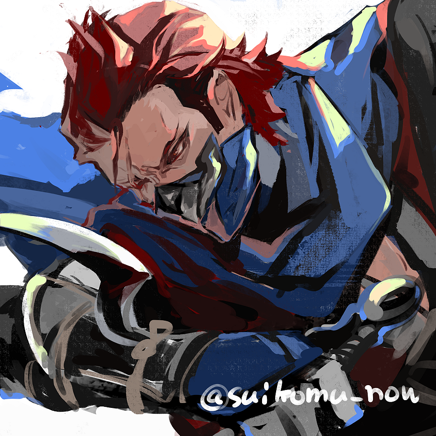 1boy fire_emblem fire_emblem_fates kunai male_focus mask mouth_mask ninja ninja_mask nintendo one_eye_closed red_eyes red_hair saizo_(fire_emblem) scar scar_across_eye scar_on_face scarf solo suikomu_now weapon