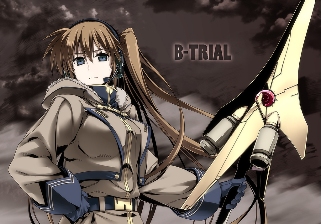 00s blue_eyes brown_hair coat gloves headset himura_kiseki lyrical_nanoha mahou_shoujo_lyrical_nanoha raising_heart raising_heart_(exceed_mode) side_ponytail solo takamachi_nanoha