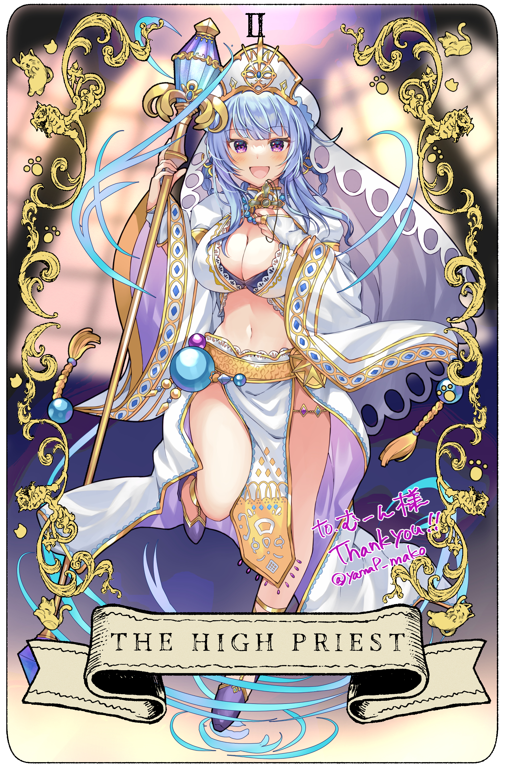 1girl :d absurdres blue_hair blush braid breasts bridal_gauntlets cleavage commentary_request commission commissioner_name full_body hair_ornament hands_up hat highres holding holding_staff iris_mysteria! large_breasts leg_up long_hair long_sleeves looking_at_viewer navel olivie_(iris_mysteria!) open_mouth pelvic_curtain purple_eyes skeb_commission smile solo staff standing standing_on_one_leg stomach tarot thank_you the_high_priestess_(tarot) twin_braids twitter_username veil white_hat white_veil wide_sleeves yam_(yamap_mako)