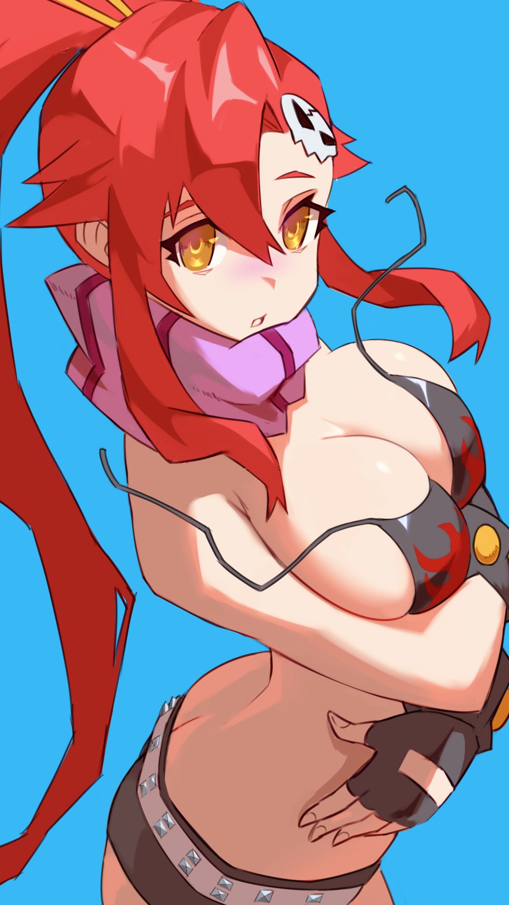 1girl aqua_background belt bikini bikini_top_only bracelet breasts cleavage fingerless_gloves flame_print gloves hair_ornament hair_stick highres jewelry large_breasts long_hair looking_at_viewer no_shirt ponytail red_hair scarf short_shorts shorts skull_hair_ornament solo striped_clothes striped_scarf studded_belt studded_bracelet swimsuit tengen_toppa_gurren_lagann untied_bikini untied_bikini_top ura_dora wardrobe_malfunction yellow_eyes yoko_littner