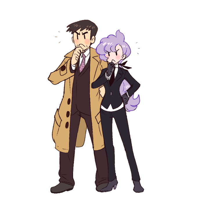 1boy 1girl anabel_(pokemon) brown_hair coat collared_shirt full_body hand_on_own_chin hand_on_own_hip high_heels looker_(pokemon) necktie nintendo pokemon pokemon_sm purple_hair shirt simple_background standing trench_coat vergolophus white_background