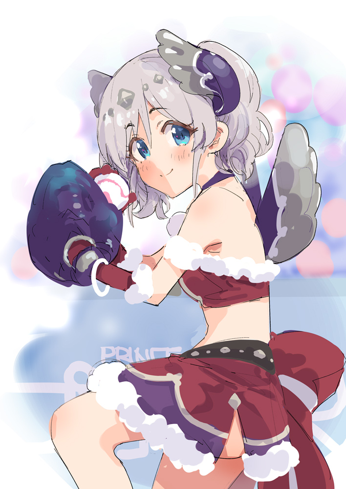 1girl akari_(christmas)_(princess_connect!) akari_(princess_connect!) ball bare_shoulders baseball baseball_(object) baseball_glove blue_eyes bow breasts fur-trimmed_skirt fur_trim grey_hair head_wings ito_ryo medium_breasts official_alternate_costume princess_connect! red_skirt skirt solo striped_bow thighs twintails wings