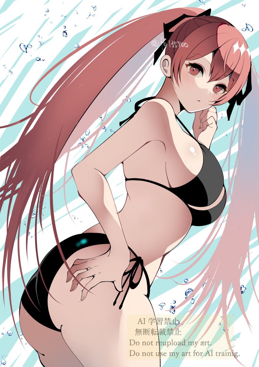 1girl bikini black_bikini breasts fe135700 fire_emblem fire_emblem_awakening fire_emblem_fates highres long_hair looking_at_viewer nintendo red_eyes red_hair selena_(fire_emblem_fates) severa_(fire_emblem) simple_background solo swimsuit twintails very_long_hair
