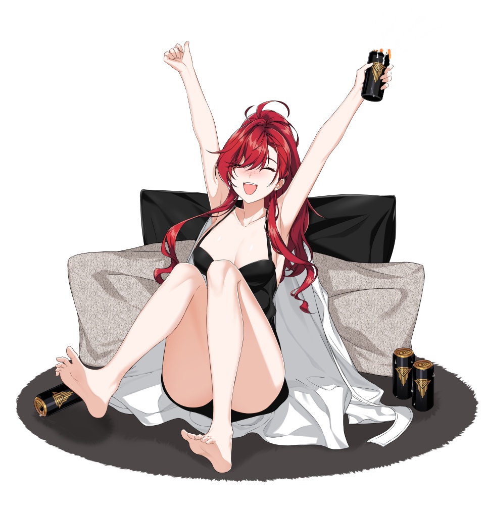 1girl :d ^_^ armpits arms_up bare_arms bare_legs barefoot beer_can black_chemise blush breasts can chemise cleavage closed_eyes collarbone commentary counter:side drink_can feet full_body hair_between_eyes holding holding_can knees_up legs long_hair medium_breasts nose_blush official_alternate_costume official_art open_mouth ozymandias_(counter:side) pillow ponytail red_hair shirt shirt_on_shoulders simple_background smile solo teeth upper_teeth_only white_background white_shirt