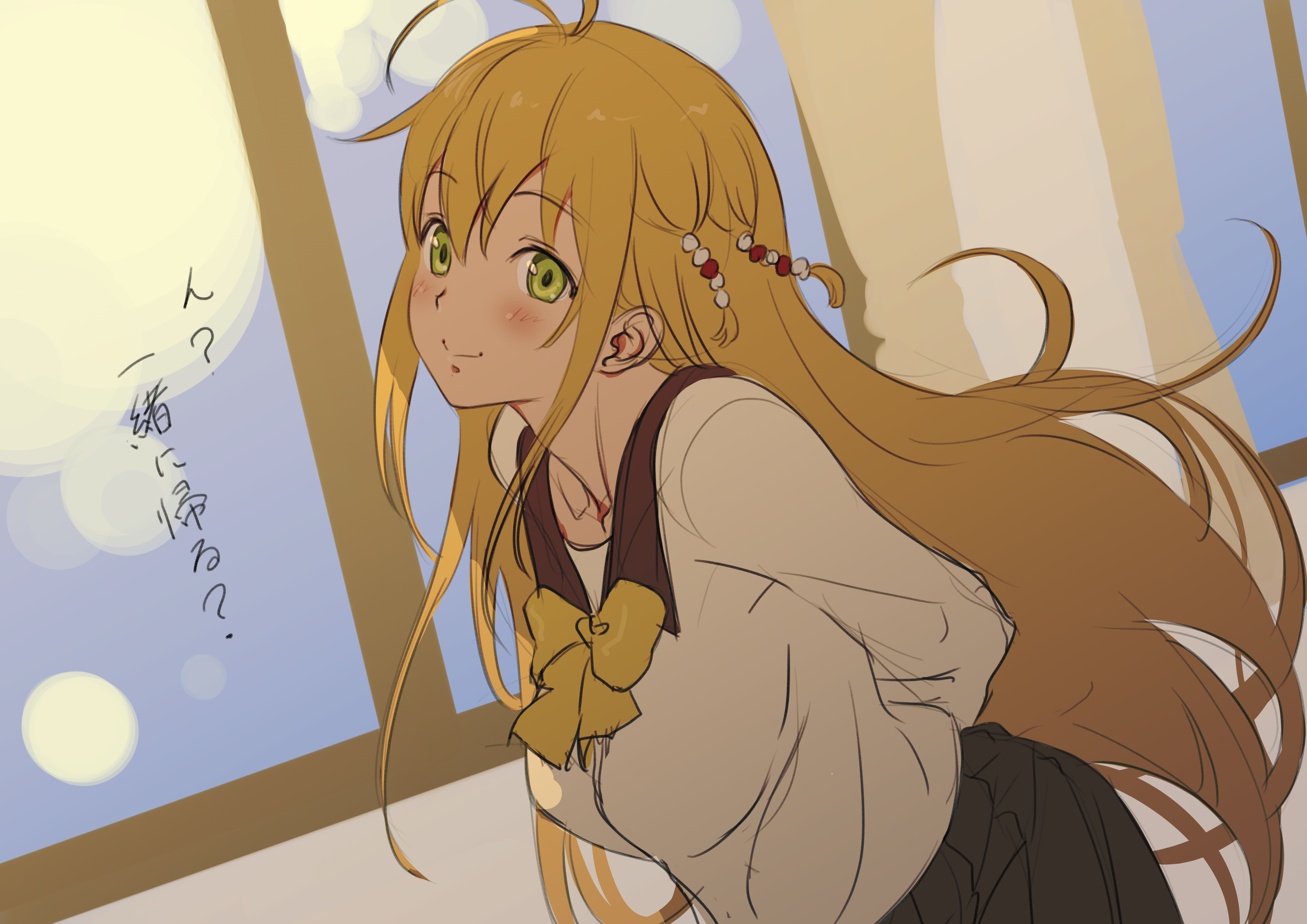 1girl absurdres antenna_hair arms_behind_back beads black_skirt blonde_hair blush bow closed_mouth green_eyes hair_beads hair_between_eyes hair_ornament highres long_hair long_sleeves pleated_skirt school_uniform shirt skirt smile solo tarokazu translated tsurumaki_maki very_long_hair voiceroid white_shirt window yellow_bow